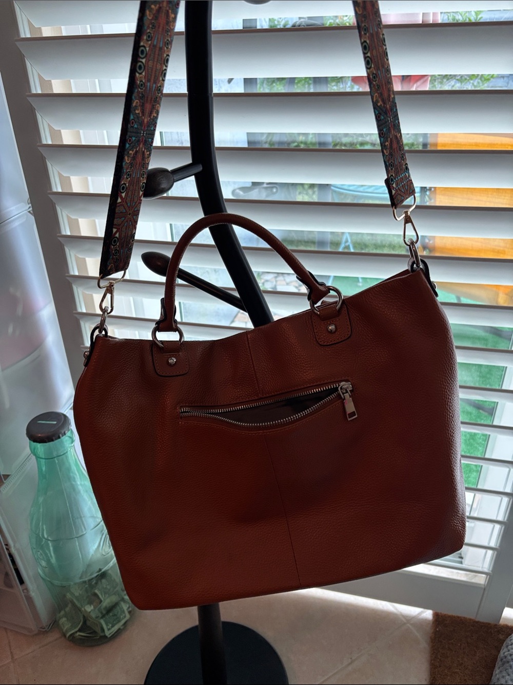 Brown Leather Tote Bag with Patterned Detachable Strap